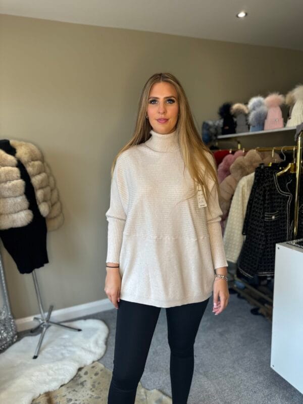 Beige Ribbed Design Knitted Roll Neck Jumper - Image 4