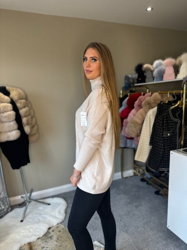 Beige Ribbed Design Knitted Roll Neck Jumper - Image 3
