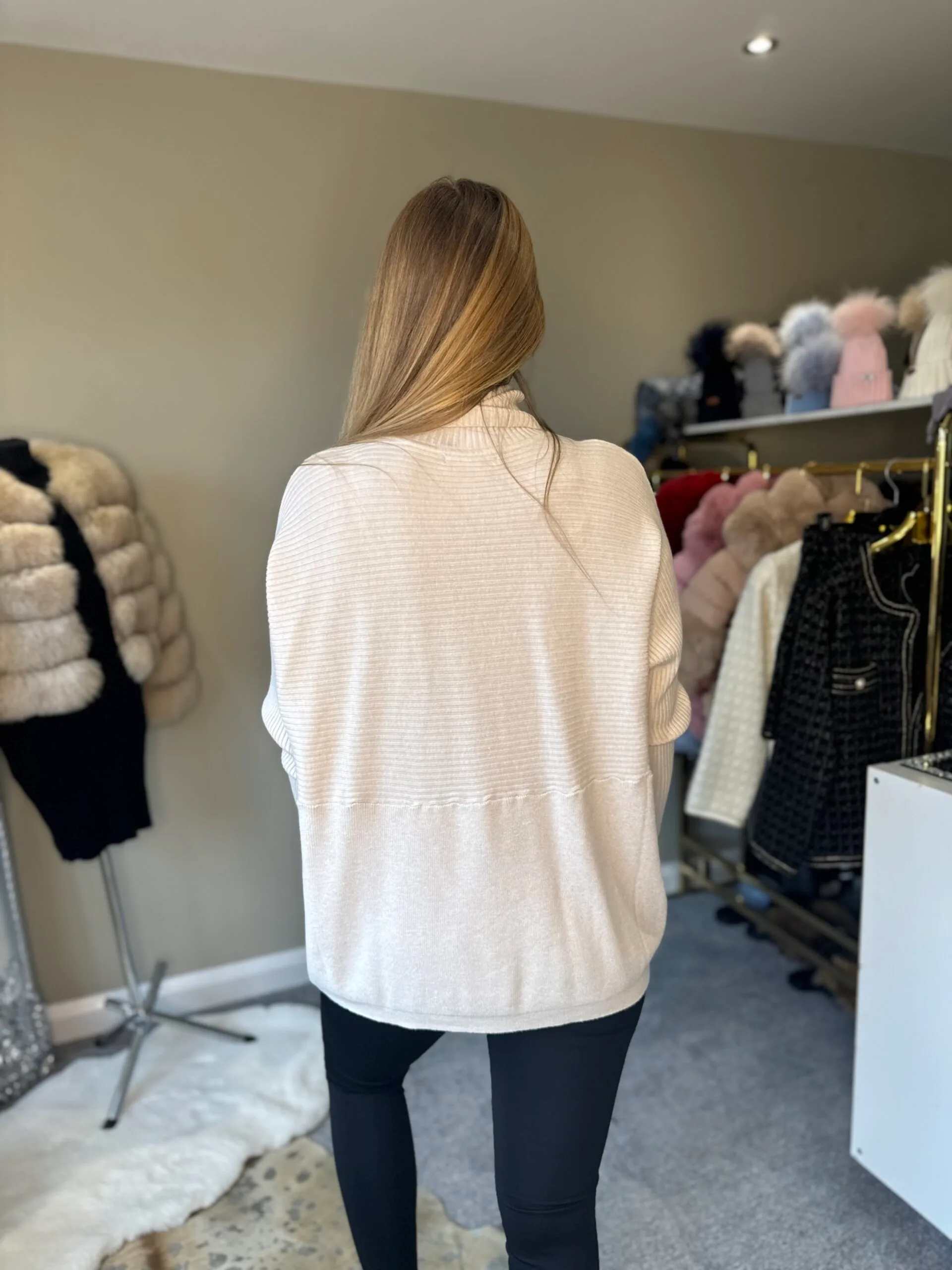 Beige Ribbed Design Knitted Roll Neck Jumper - Image 2