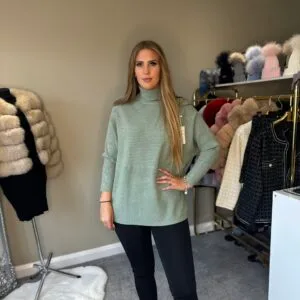 Sage Green Ribbed Design Knitted Roll Neck Jumper