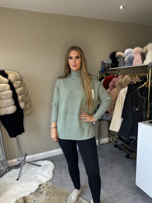 Sage Green Ribbed Design Knitted Roll Neck Jumper