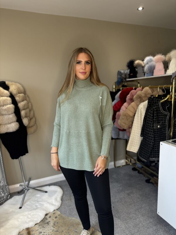 Sage Green Ribbed Design Knitted Roll Neck Jumper - Image 2