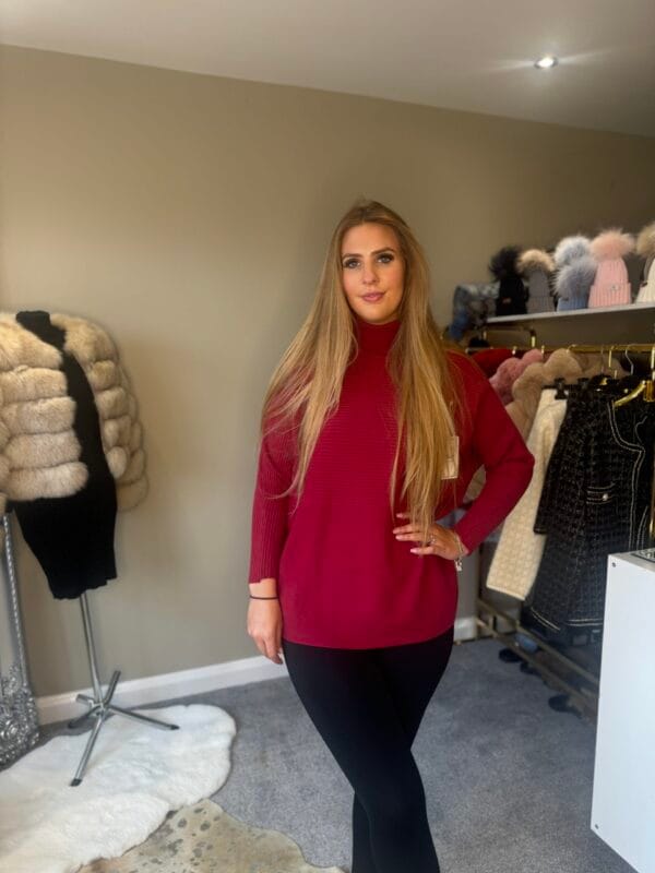 Berry Ribbed Design Knitted Roll Neck Jumper - Image 5