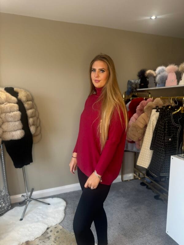 Berry Ribbed Design Knitted Roll Neck Jumper - Image 2