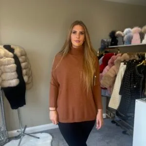 dark camel  Ribbed Design Knitted Roll Neck Jumper