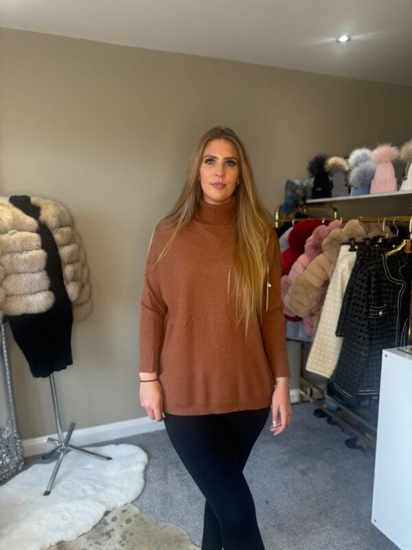 dark camel  Ribbed Design Knitted Roll Neck Jumper