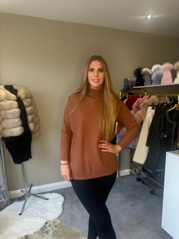 dark camel  Ribbed Design Knitted Roll Neck Jumper - Image 4