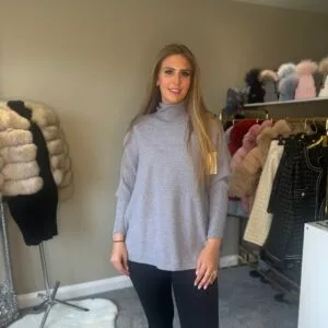 Grey Ribbed Design Knitted Roll Neck Jumper