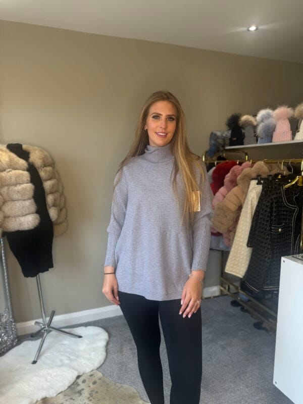 Grey Ribbed Design Knitted Roll Neck Jumper