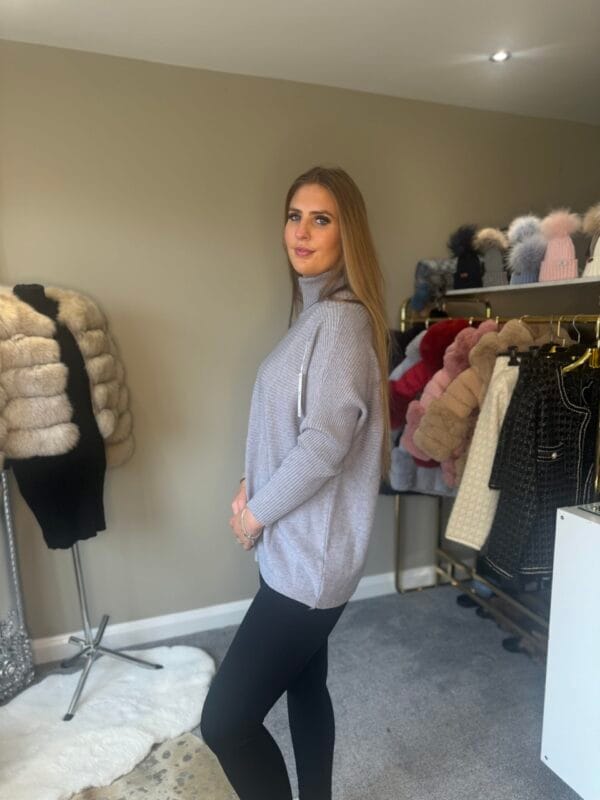 Grey Ribbed Design Knitted Roll Neck Jumper - Image 2
