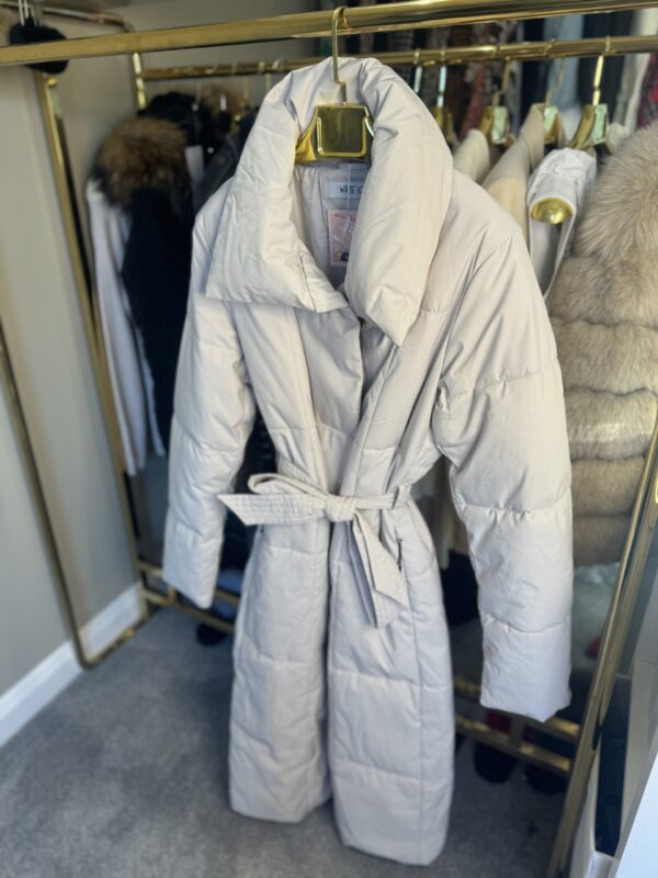 'Maple' Stone Long Duvet Puffer Coat With Tie Waist Belt - Image 8
