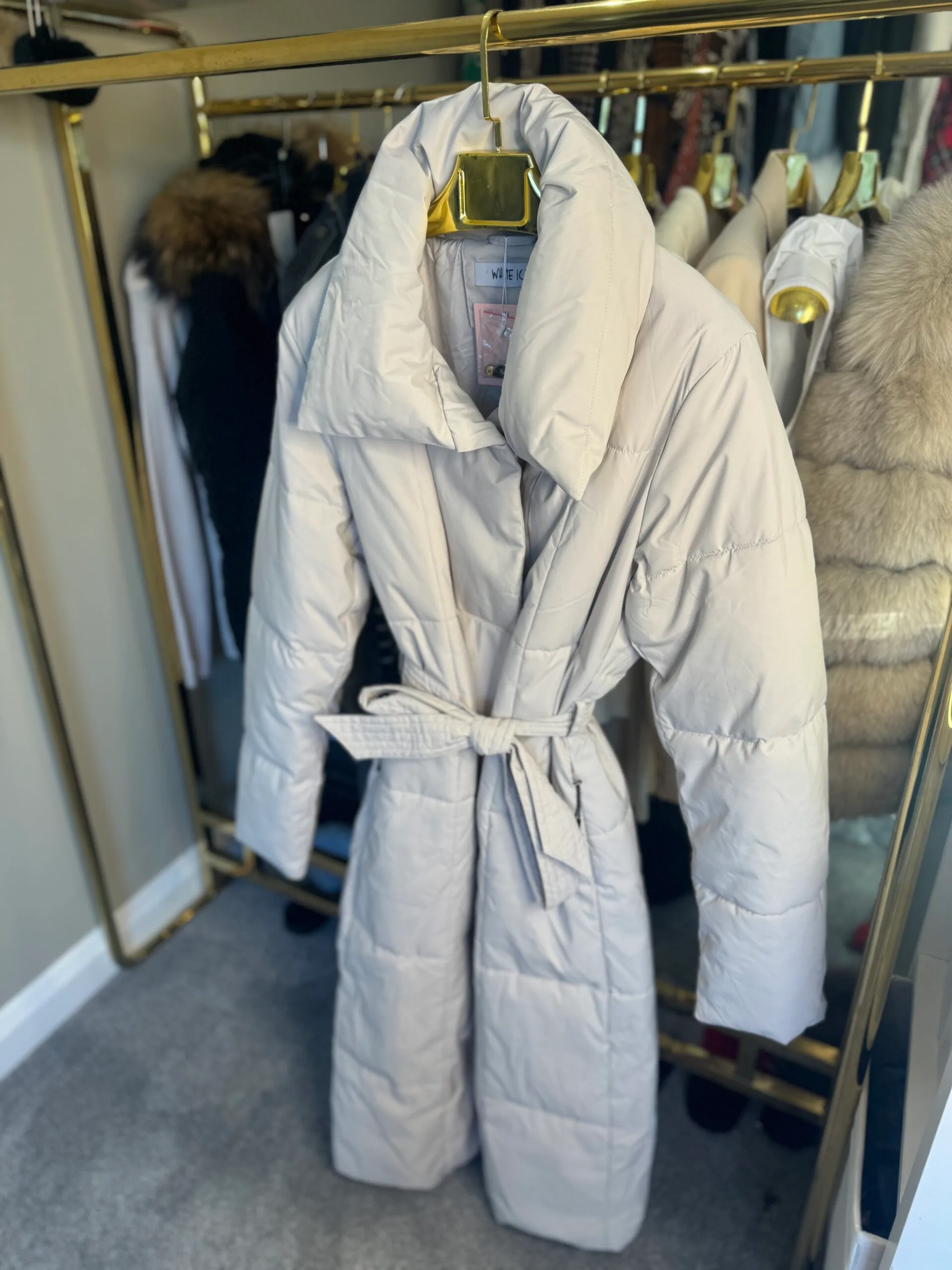 'Maple' Stone Long Duvet Puffer Coat With Tie Waist Belt - Image 8
