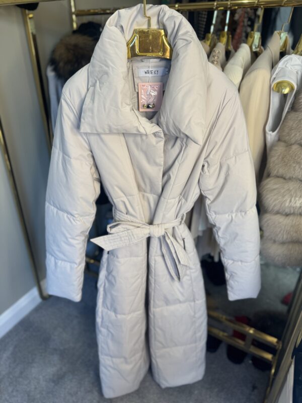 'Maple' Stone Long Duvet Puffer Coat With Tie Waist Belt - Image 3