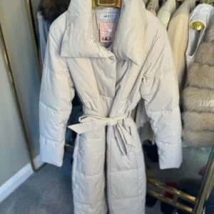 'Maple' Stone Long Duvet Puffer Coat With Tie Waist Belt