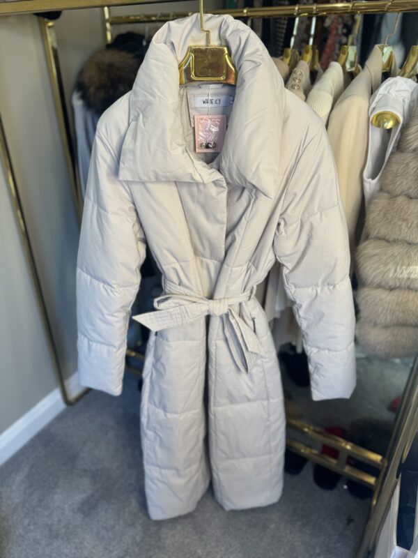 'Maple' Stone Long Duvet Puffer Coat With Tie Waist Belt