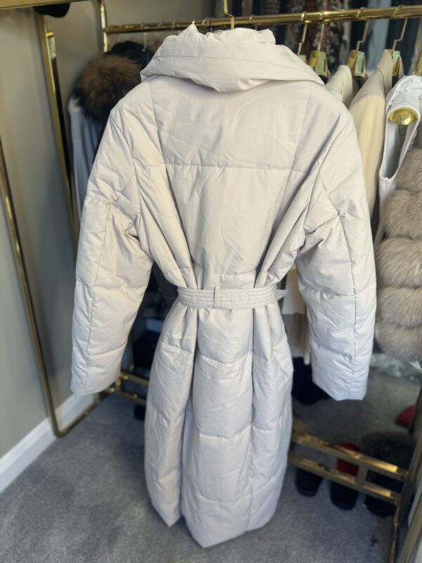 'Maple' Stone Long Duvet Puffer Coat With Tie Waist Belt - Image 5