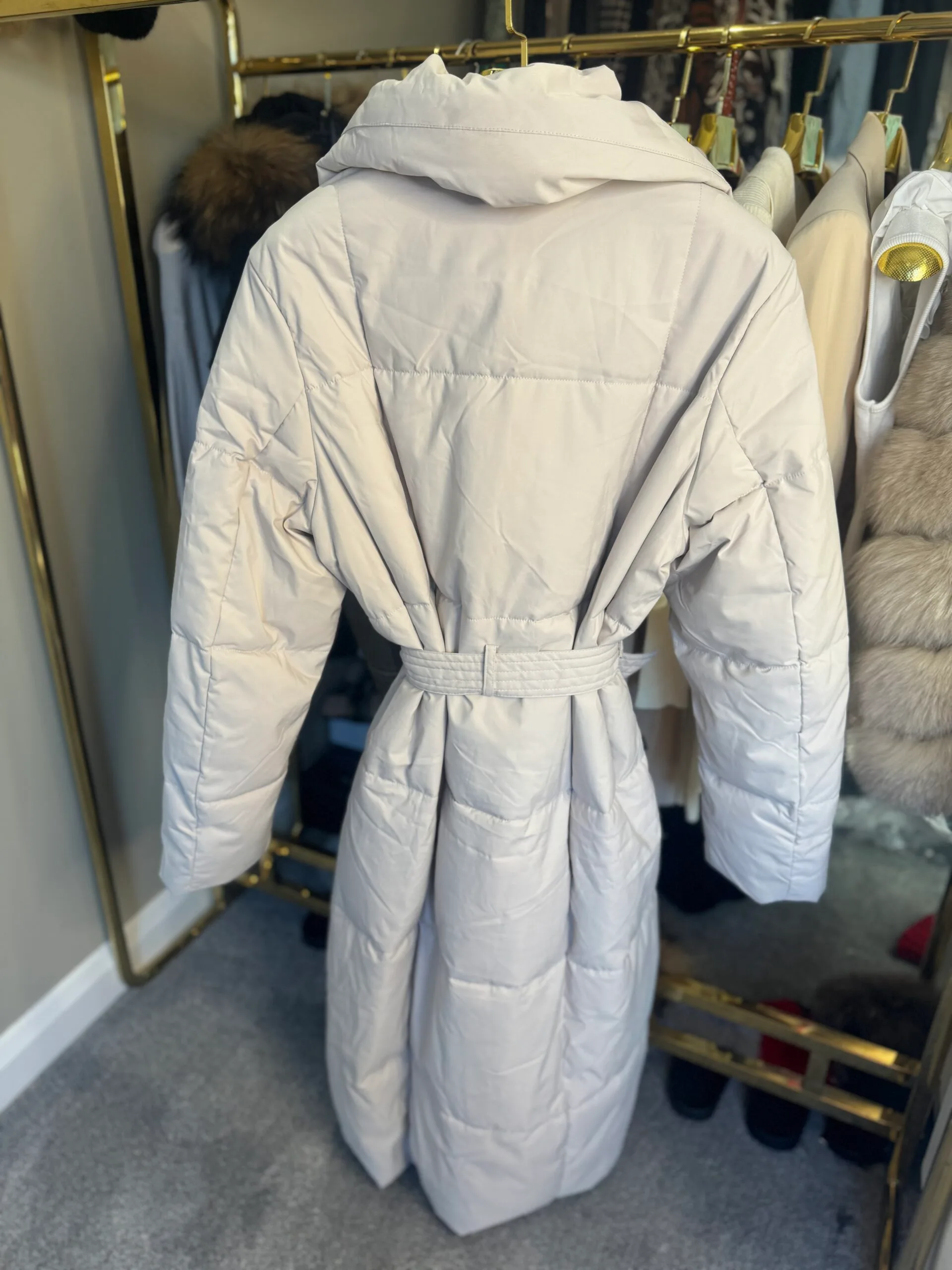 'Maple' Stone Long Duvet Puffer Coat With Tie Waist Belt - Image 5