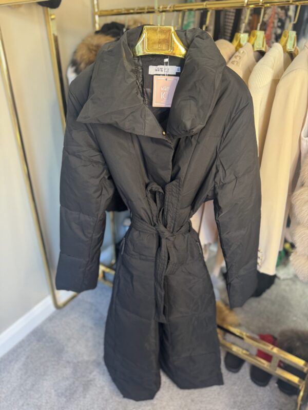 'Maple' Black Long Duvet Puffer Coat With Tie Waist Belt