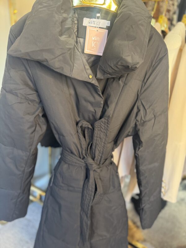 'Maple' Black Long Duvet Puffer Coat With Tie Waist Belt - Image 2