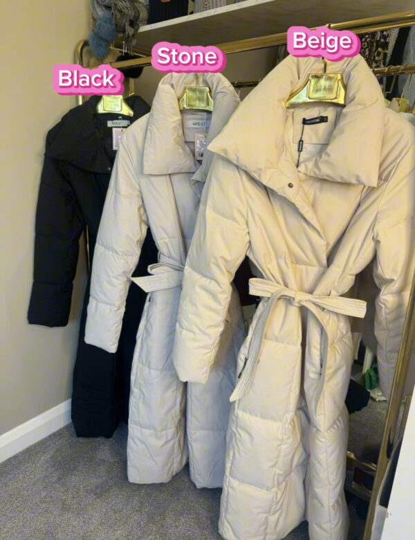 'Maple' Stone Long Duvet Puffer Coat With Tie Waist Belt - Image 2