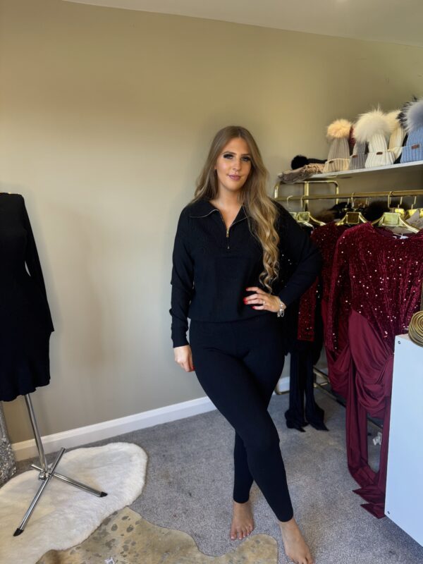 'Maeve' Black Knitted Loungewear Set With Gold Zip Detailing - Image 4