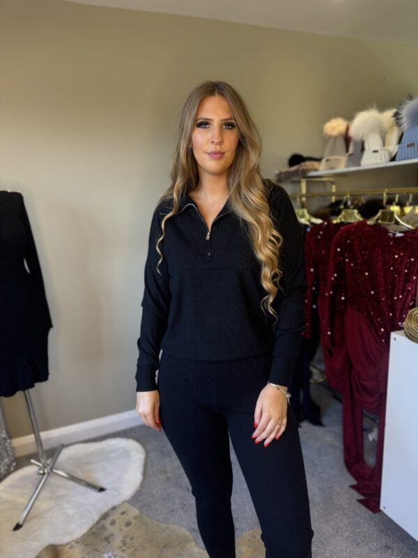 'Maeve' Black Knitted Loungewear Set With Gold Zip Detailing