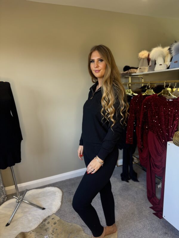 'Maeve' Black Knitted Loungewear Set With Gold Zip Detailing - Image 3