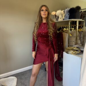 'Milan' Burgundy Sequin Dress With Drape Style Bow