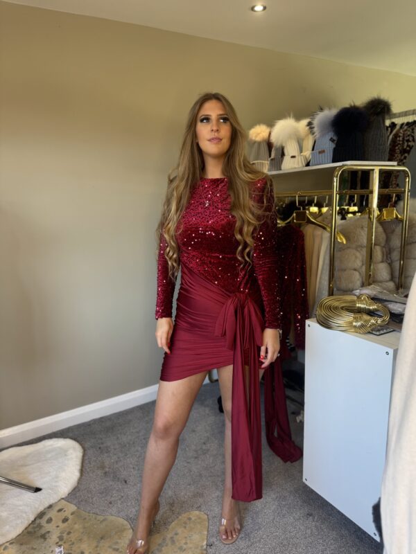 'Milan' Burgundy Sequin Dress With Drape Style Bow