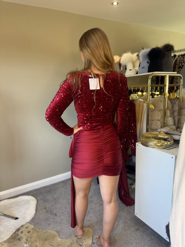 'Milan' Burgundy Sequin Dress With Drape Style Bow - Image 6