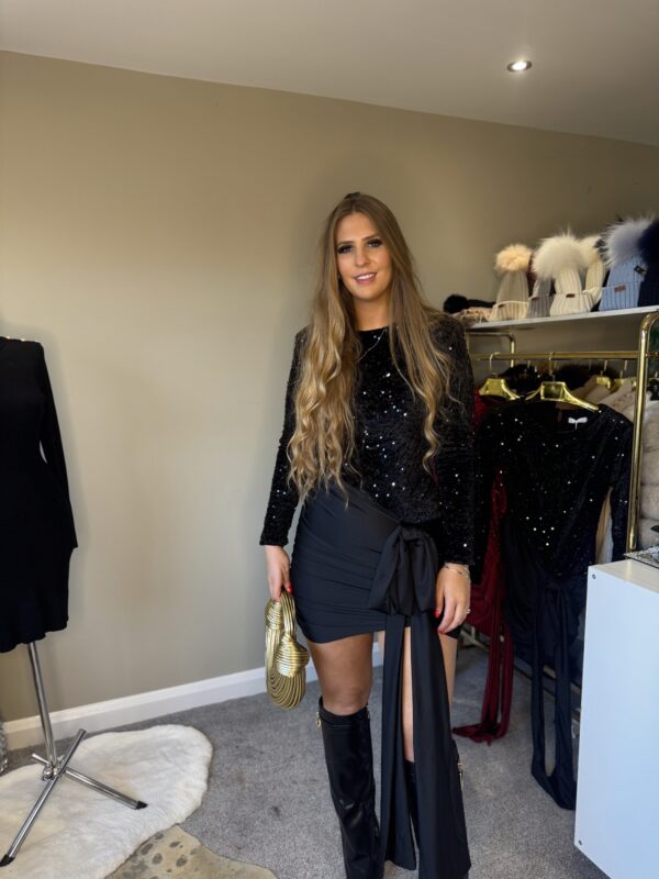 'Milan' Black Sequin Dress With Drape Style Bow - Image 2