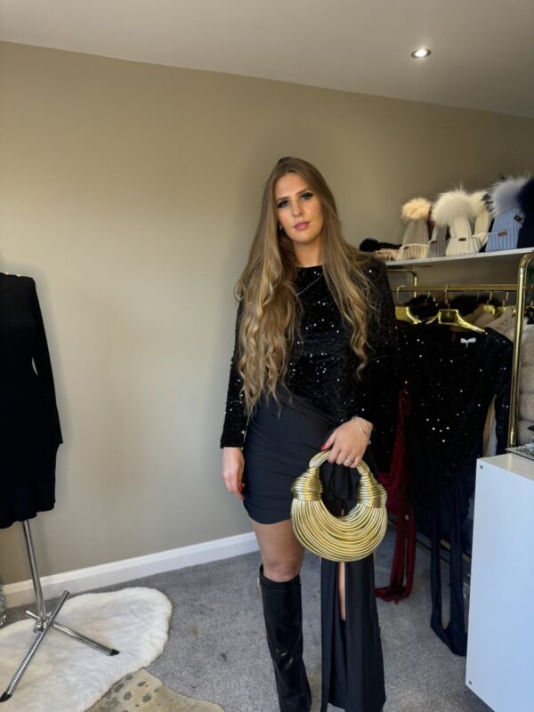 'Milan' Black Sequin Dress With Drape Style Bow - Image 9