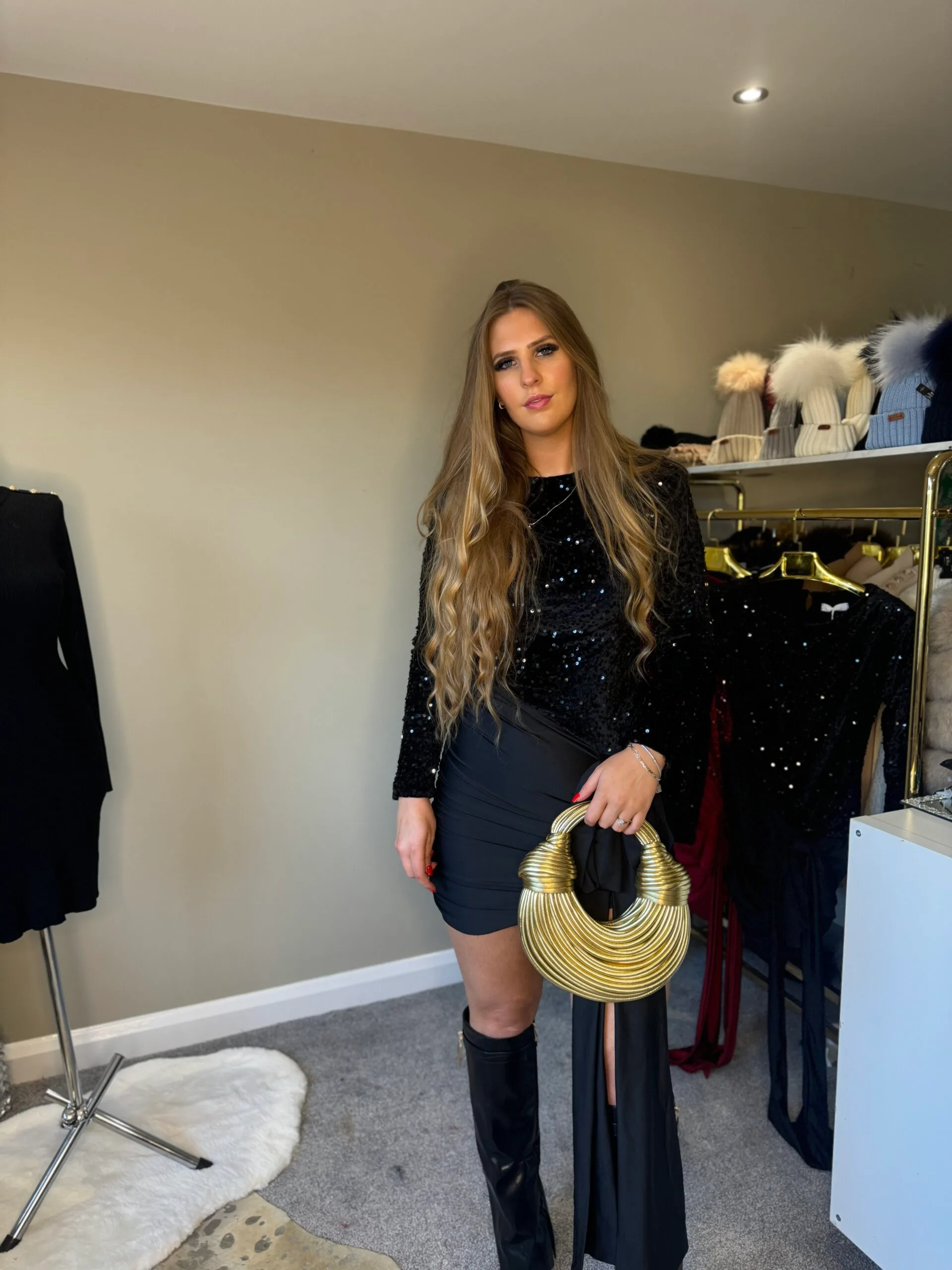 'Milan' Black Sequin Dress With Drape Style Bow - Image 9