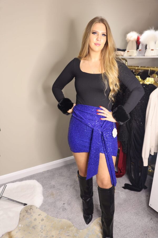 'Elodie' Royal Blue Sequin Dress With Drape or Tie Front - Image 3