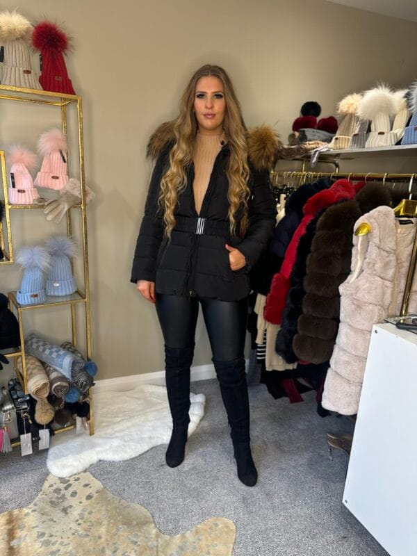 Mollie Real Fur Trim Hooded Coat with Belt Beige - Image 9