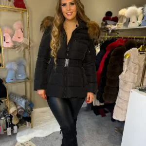 Mollie Real Fur Trim Hooded Coat with Belt