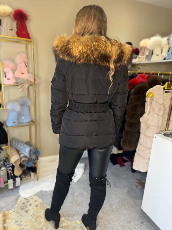Mollie Real Fur Trim Hooded Coat with Belt Beige - Image 6