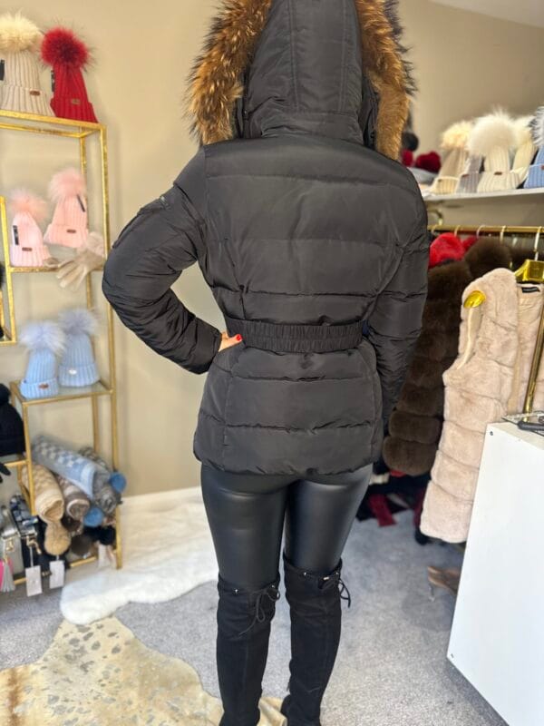 Mollie Real Fur Trim Hooded Coat with Belt Beige - Image 7
