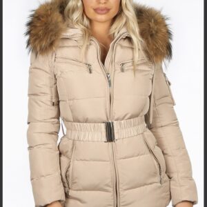 Mollie Real Fur Trim Hooded Coat with Belt Beige