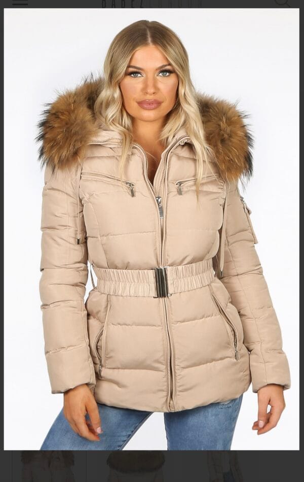 Mollie Real Fur Trim Hooded Coat with Belt Beige