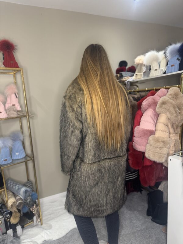 'Sasha' Faux Fur Collared Long Jacket In Mixed Brown and Black - Image 6