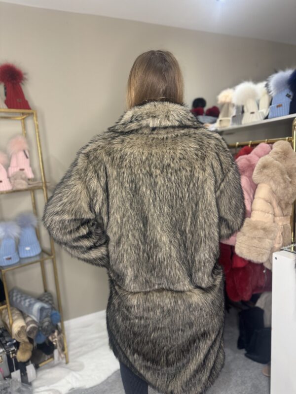 'Sasha' Faux Fur Collared Long Jacket In Mixed Brown and Black - Image 2