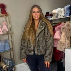 'Cassie' Faux Fur Collared Short Jacket In Mixed Brown and Black