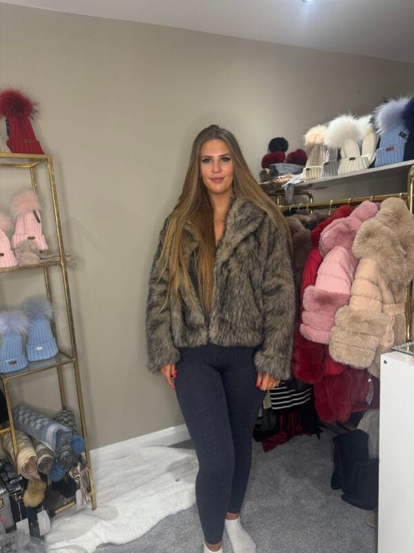 'Cassie' Faux Fur Collared Short Jacket In Mixed Brown and Black - Image 2