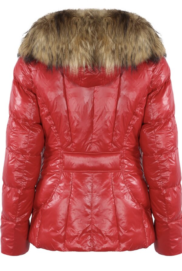 'Carol' Red Shiny Puffer Coat with Real Fur Trim - Image 3