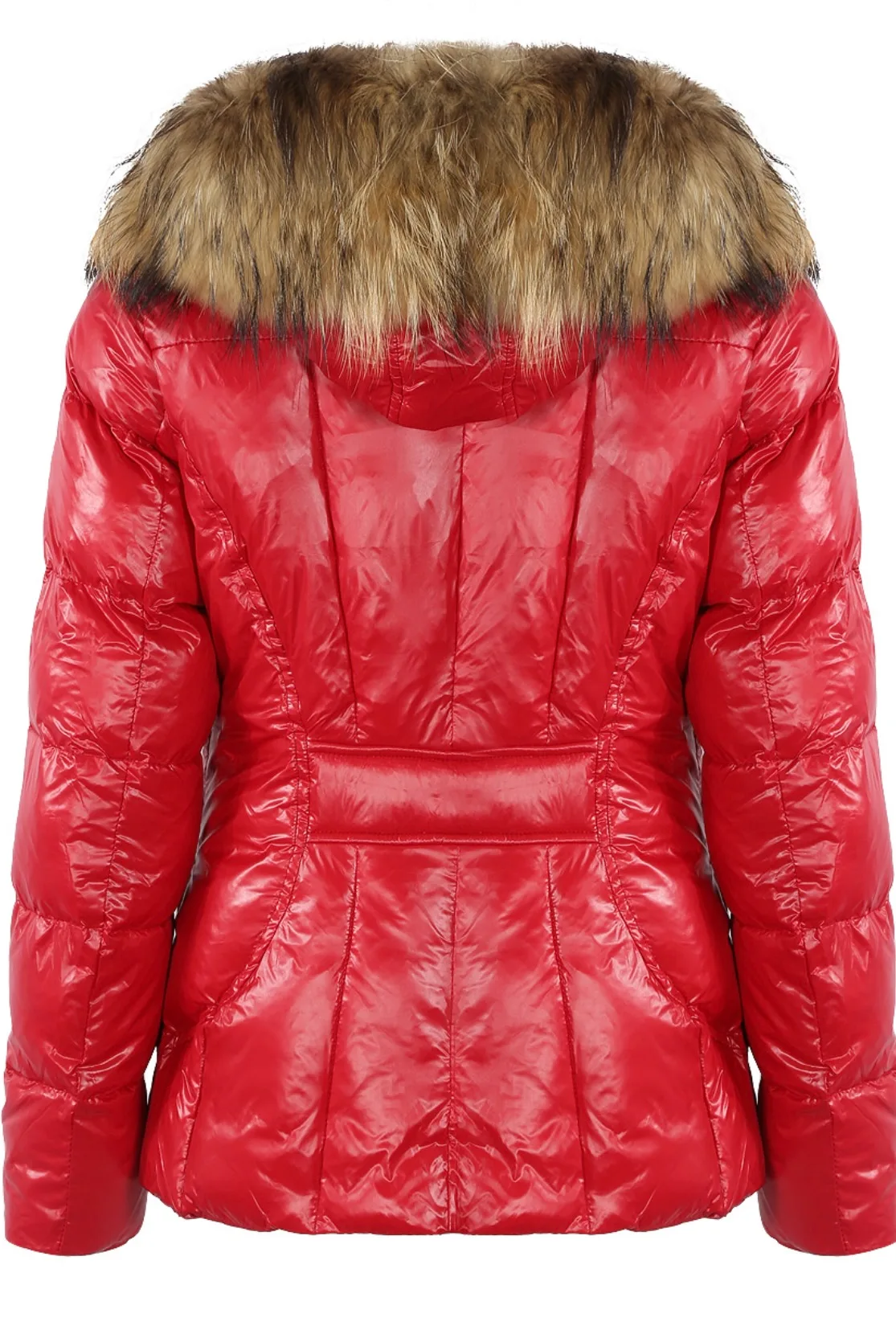'Carol' Red Shiny Puffer Coat with Real Fur Trim - Image 3