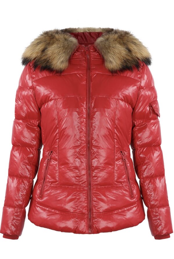 'Carol' Red Shiny Puffer Coat with Real Fur Trim - Image 2