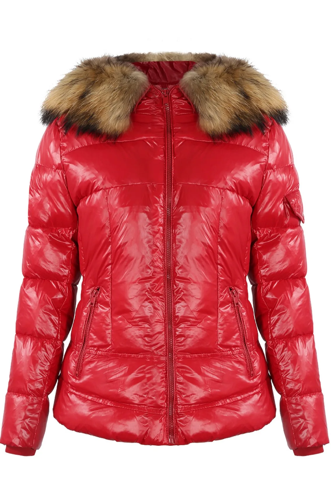 'Carol' Red Shiny Puffer Coat with Real Fur Trim - Image 2