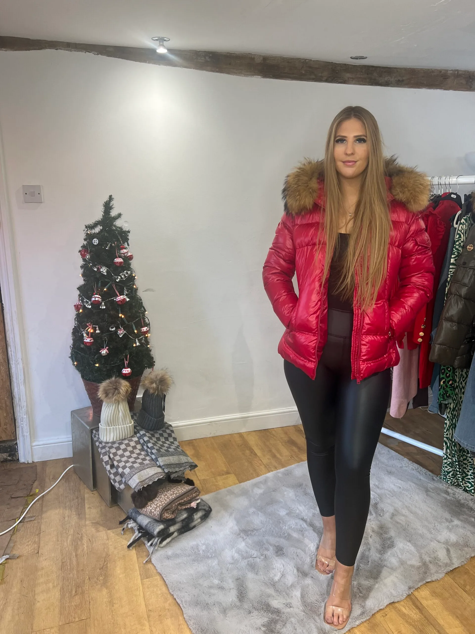 'Carol' Red Shiny Puffer Coat with Real Fur Trim