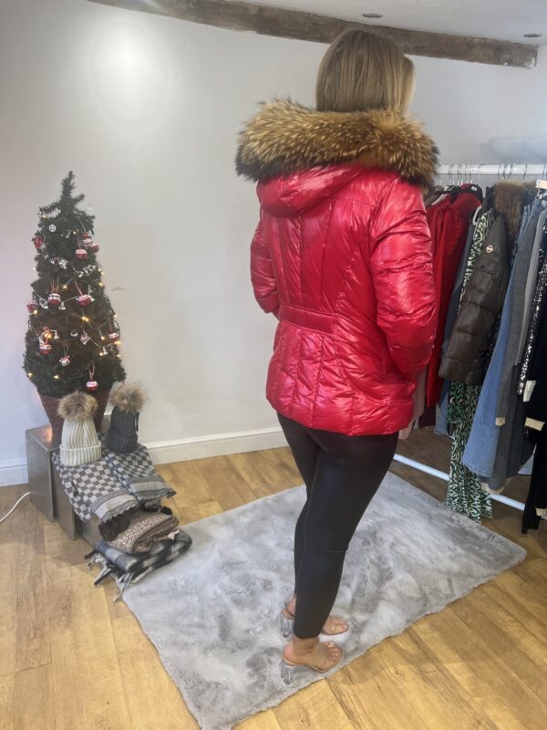 'Carol' Red Shiny Puffer Coat with Real Fur Trim - Image 7